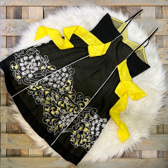 Like New! Floreat {Anthro} Embroidered Black | Yellow Silk Eyelet Dress | XS 2 - Picture 8 of 16